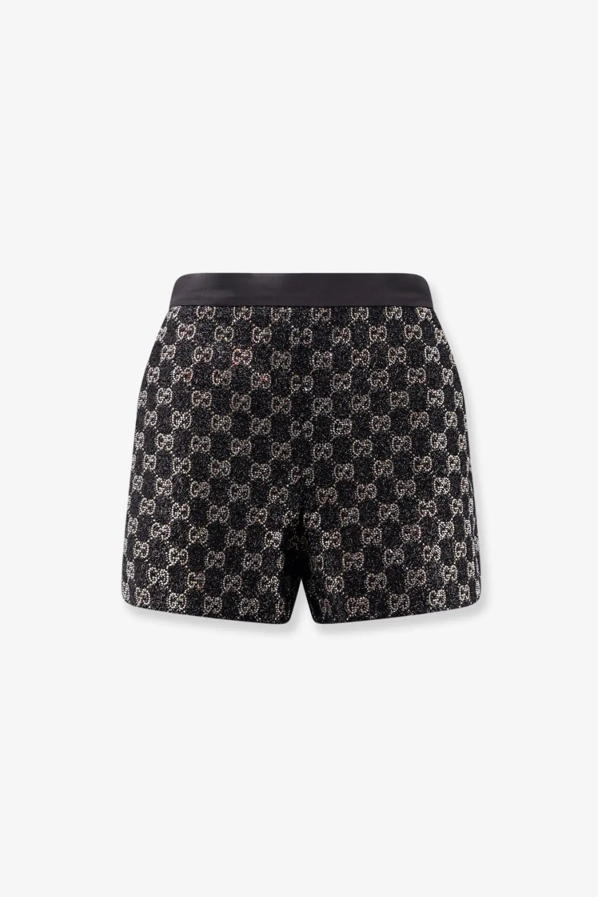 Black and silver Gucci women’s lightweight lamé wool tweed shorts with a shimmering textured pattern