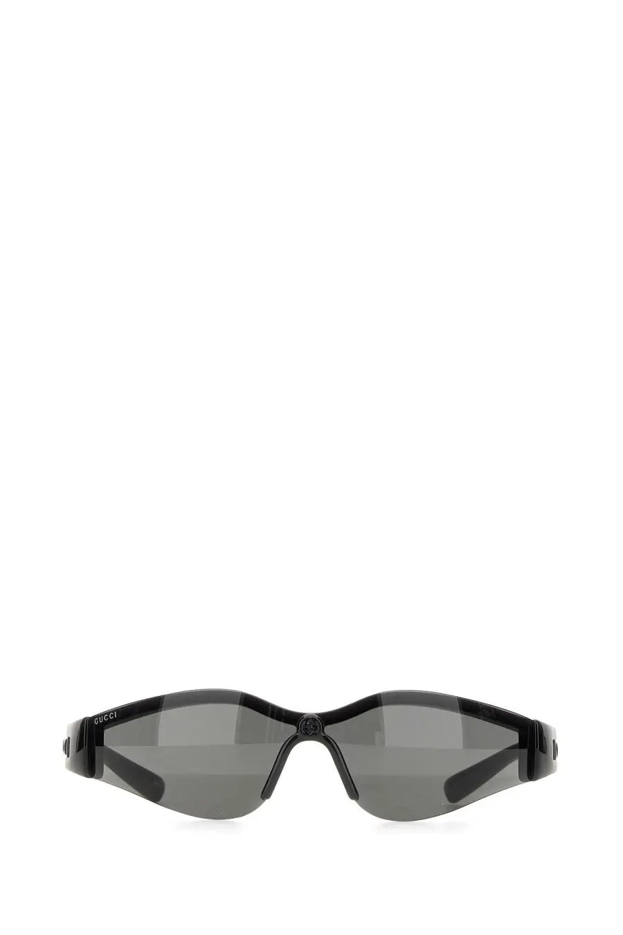 Black Gucci women’s mask sunglasses with sleek angular frames and dark gray gradient lenses