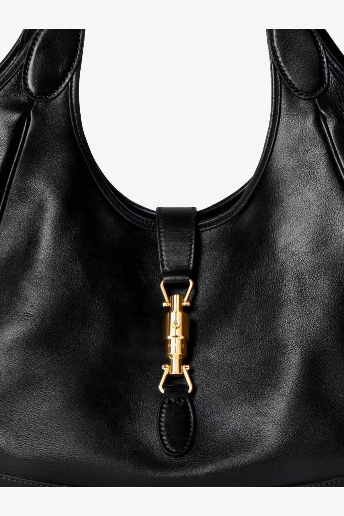 Black leather Gucci women’s mercato shoulder bag with gold-tone metal clasp and hobo design