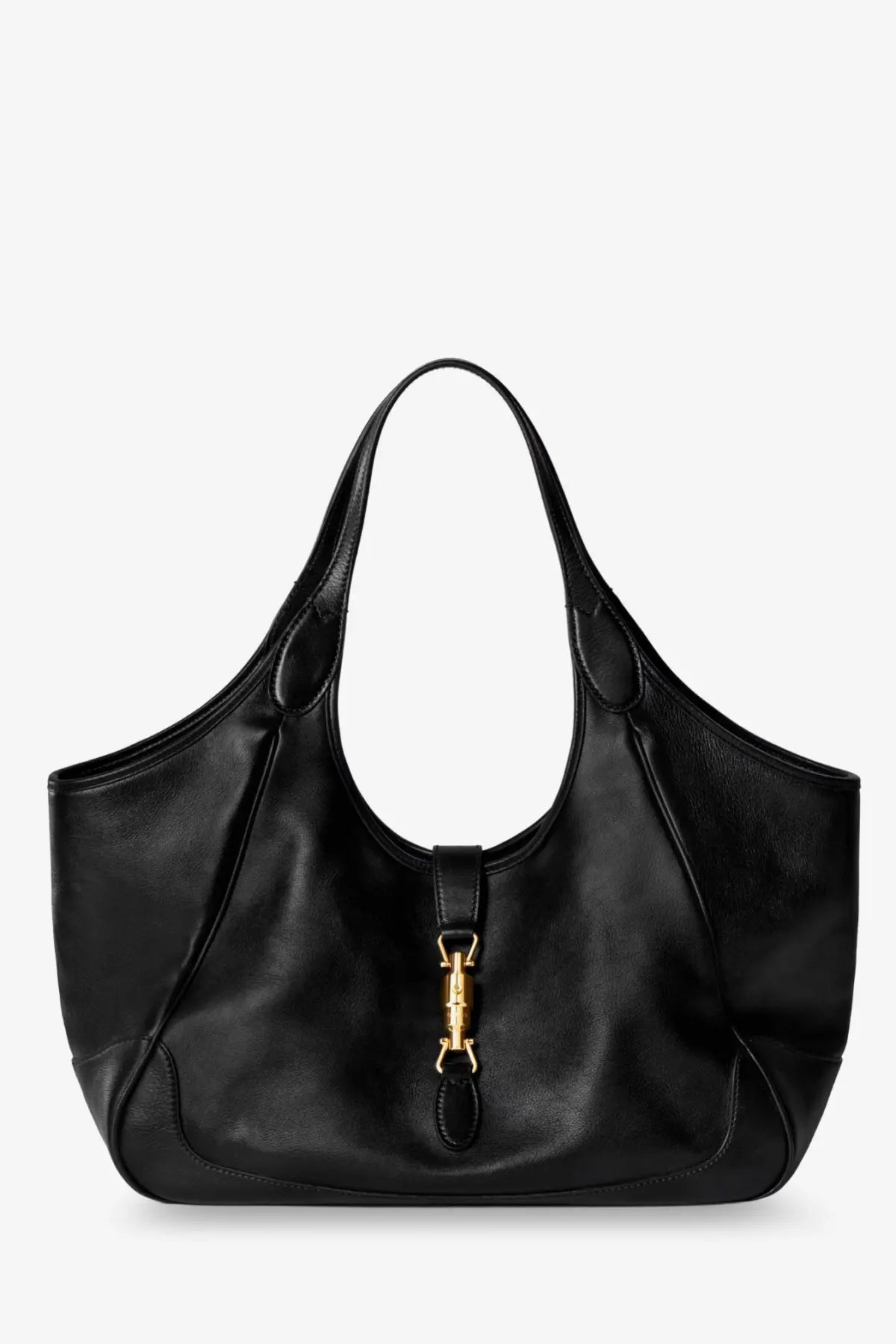 Black leather Gucci Mercato women’s shoulder bag with gold-tone horsebit hardware and adjustable strap