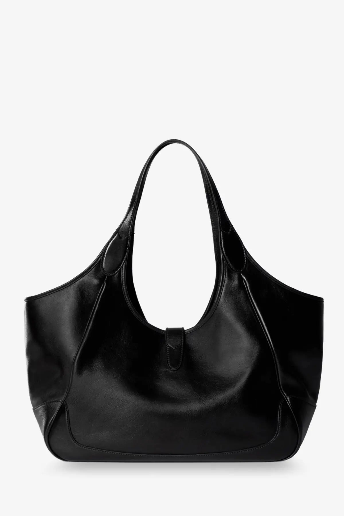 Gucci women’s mercato black leather tote bag with glossy finish and structured handles for shoulder wear