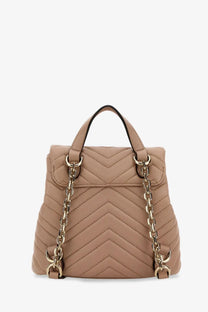Gucci women’s mini GG marmont leather backpack in beige quilted leather with gold-tone chain straps and top handles