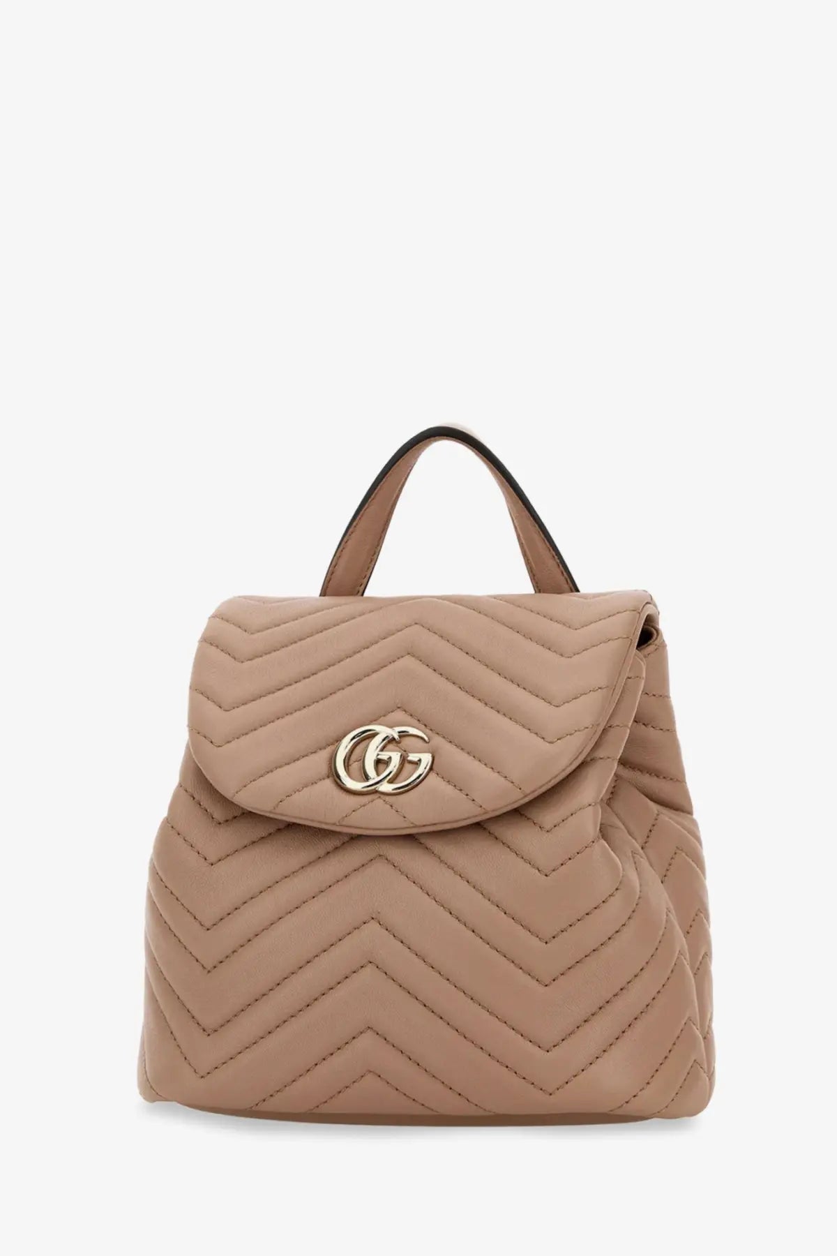 Beige quilted leather Gucci women’s mini GG Marmont backpack with gold-tone interlocking GG logo clasp