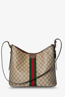 Gucci women’s Ophidia beige and brown GG supreme canvas shoulder bag with bold red and green striped stripe down center