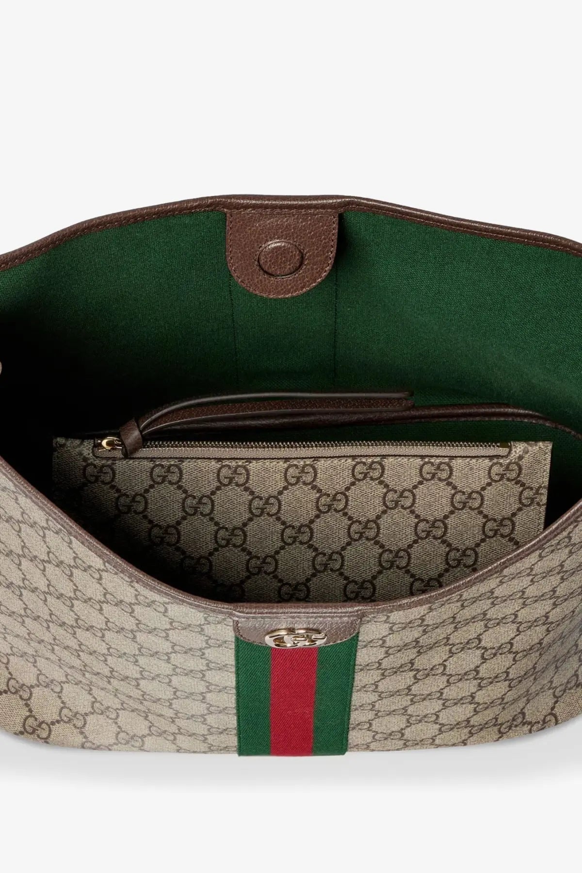 Beige and brown Gucci Ophidia GG canvas shoulder bag with green interior lining for women