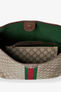 Beige and brown Gucci Ophidia GG canvas shoulder bag with green interior lining for women