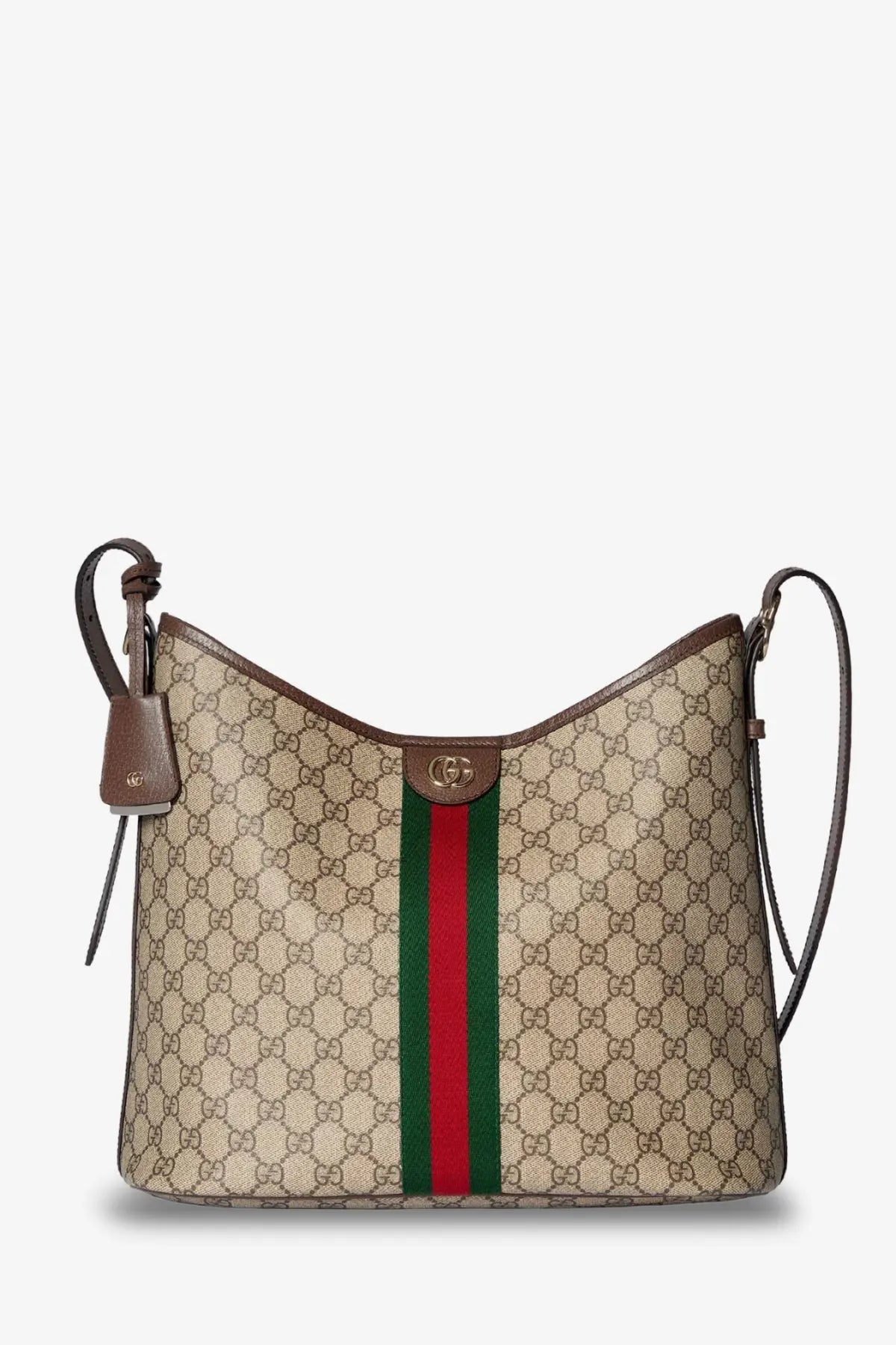 Gucci women’s Ophidia beige shoulder bag in brown GG supreme canvas with red and green striped webbing