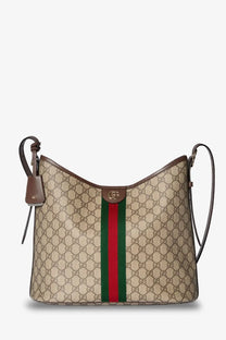 Gucci women’s Ophidia beige shoulder bag in brown GG supreme canvas with red and green striped webbing