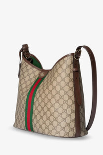 Gucci women’s Ophidia GG fabric shoulder bag in beige with brown canvas and red and green striped detail