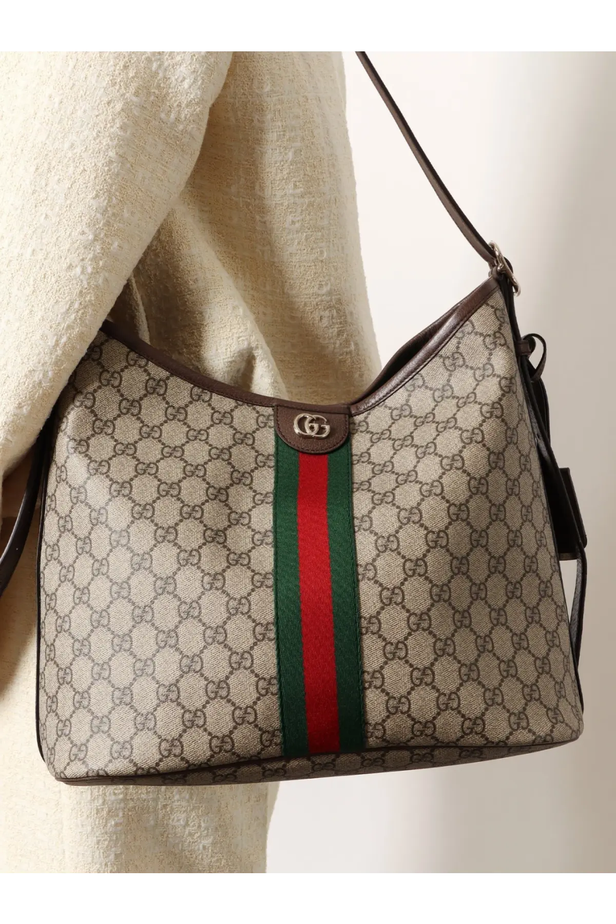 Beige Gucci Ophidia GG fabric hobo bag with brown leather trim and signature red and green web stripe