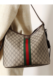 Beige Gucci Ophidia GG fabric hobo bag with brown leather trim and signature red and green web stripe