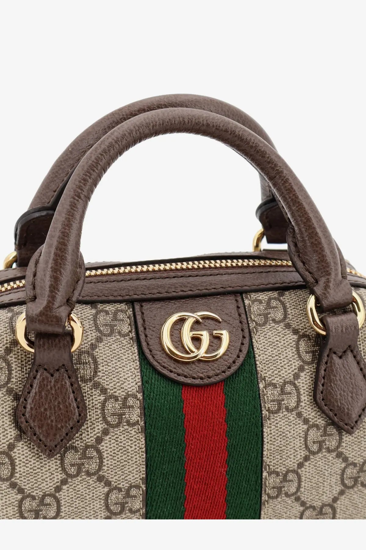 Gucci women’s Ophidia mini bag with brown leather handles beige gg supreme canvas and green red striped band