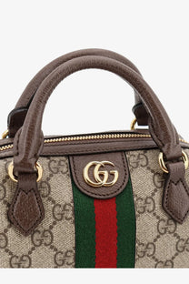 Gucci women’s Ophidia mini bag with brown leather handles beige gg supreme canvas and green red striped band
