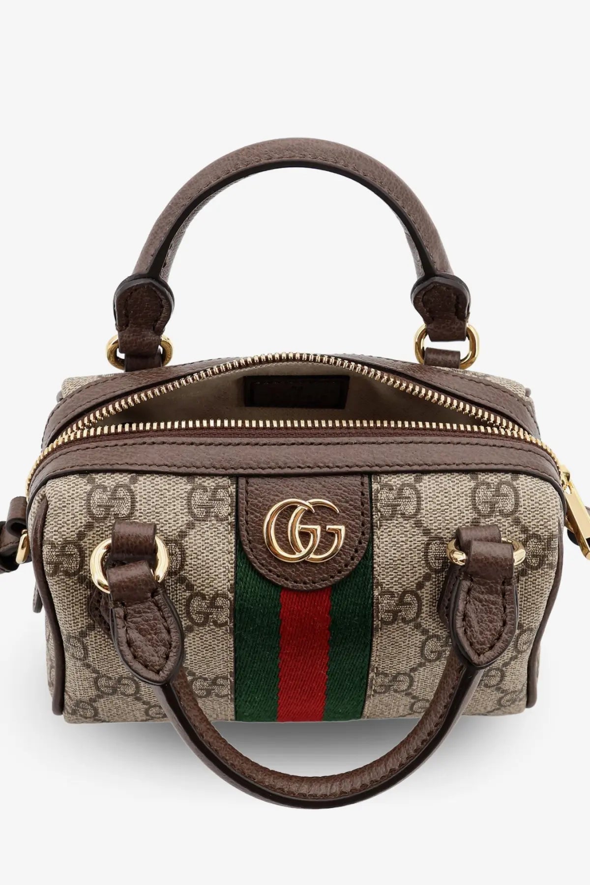 Gucci women’s Ophidia mini bag in beige GG supreme fabric with brown leather straps gold hardware and green red stripe