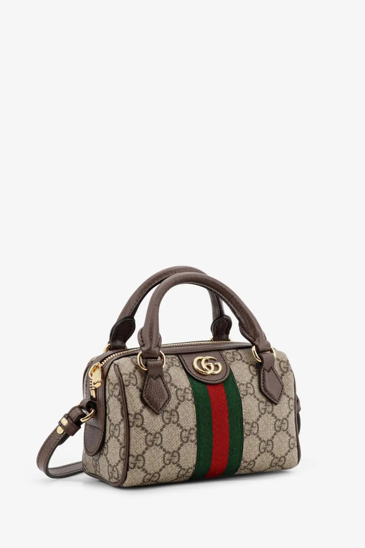 Beige and green Gucci GG marmont mini handbag with brown leather handles and gold-tone hardware crossbody bag