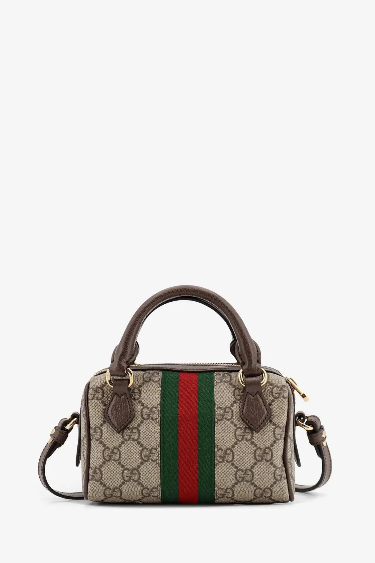 Beige and green Gucci Ophidia mini bag in GG Supreme fabric with brown leather handles and red and green stripe