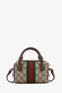 Beige and green Gucci Ophidia mini bag in GG Supreme fabric with brown leather handles and red and green stripe
