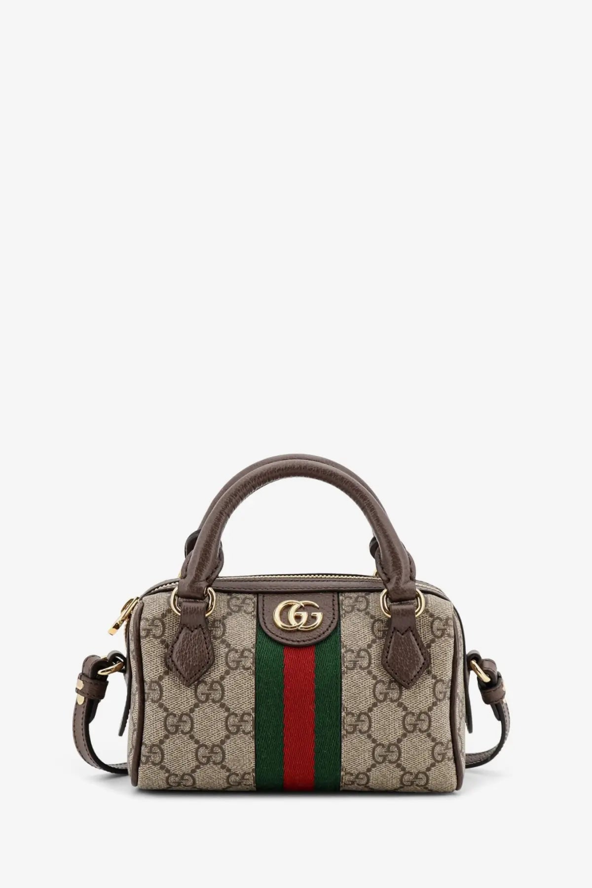 Beige and green gucci gg supreme canvas mini handbag with brown leather handles and gold-tone logo clasp