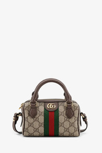 Beige and green gucci gg supreme canvas mini handbag with brown leather handles and gold-tone logo clasp