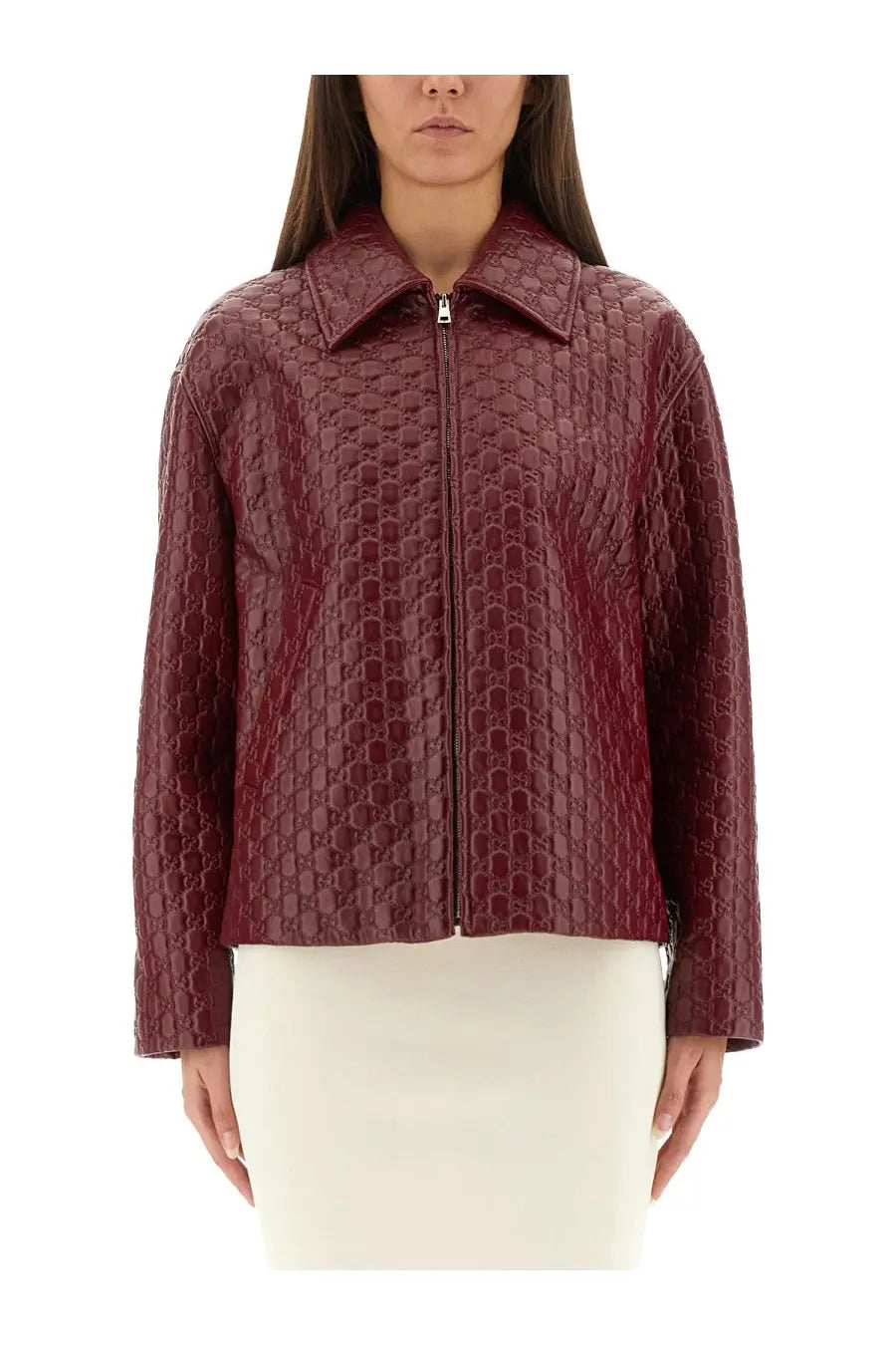 Gucci women’s oversized red leather jacket with burgundy quilted all-over interlocking gg logo pattern front view