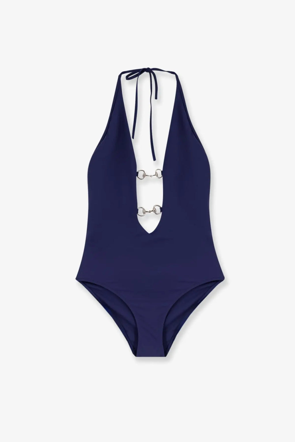 Gucci women’s navy blue one piece swimsuit with halter neck and silver horsebit buckle details white model