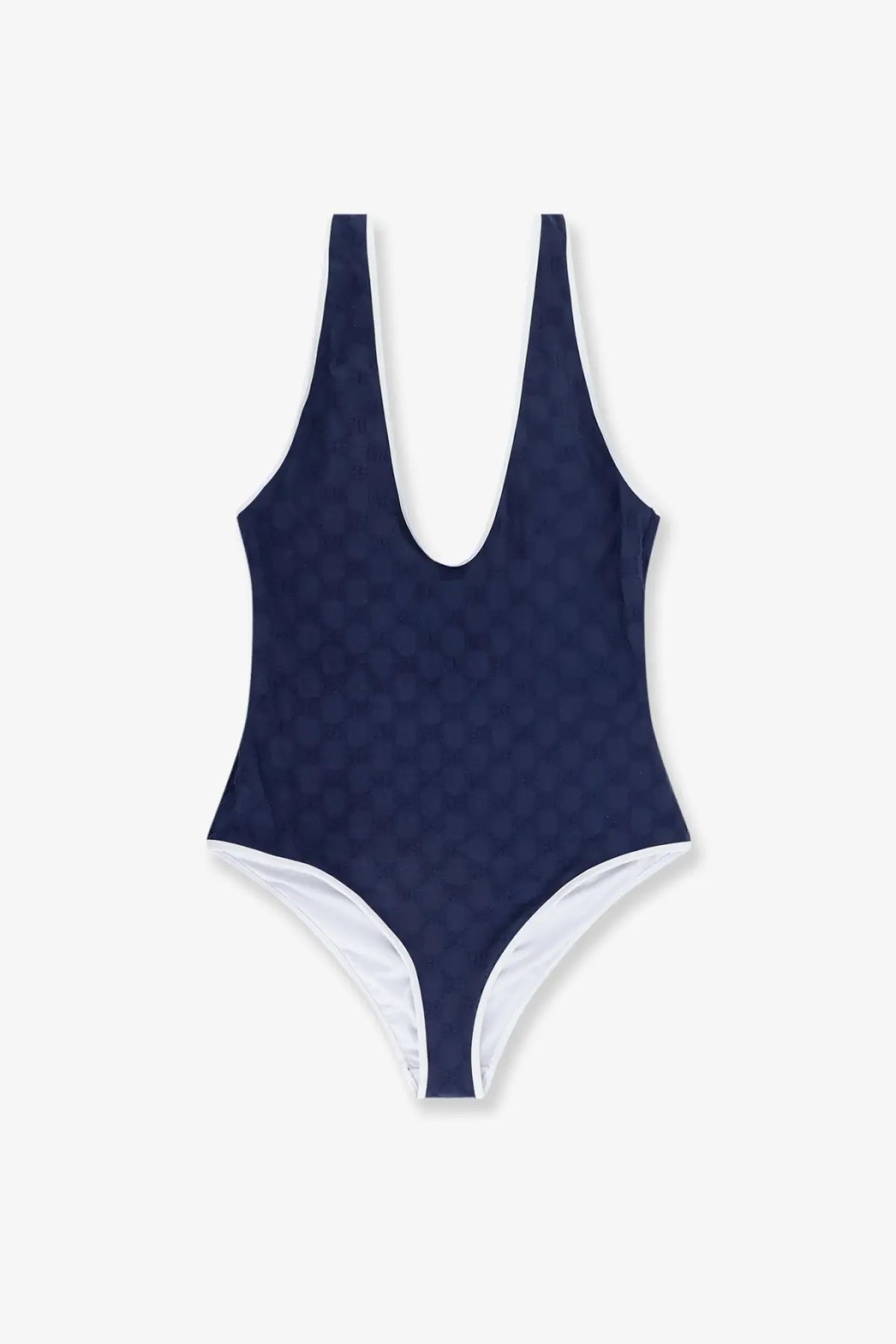Gucci women’s navy blue one-piece swimsuit with subtle texture and white trim along the leg openings