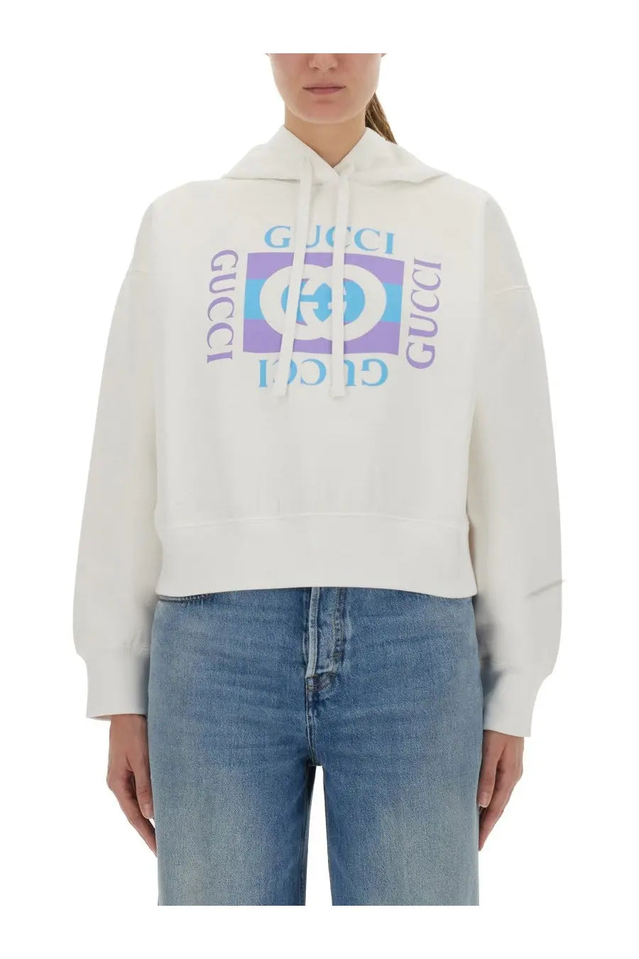 White gucci women’s printed cotton hoodie featuring a bold purple and blue logo print across the chest