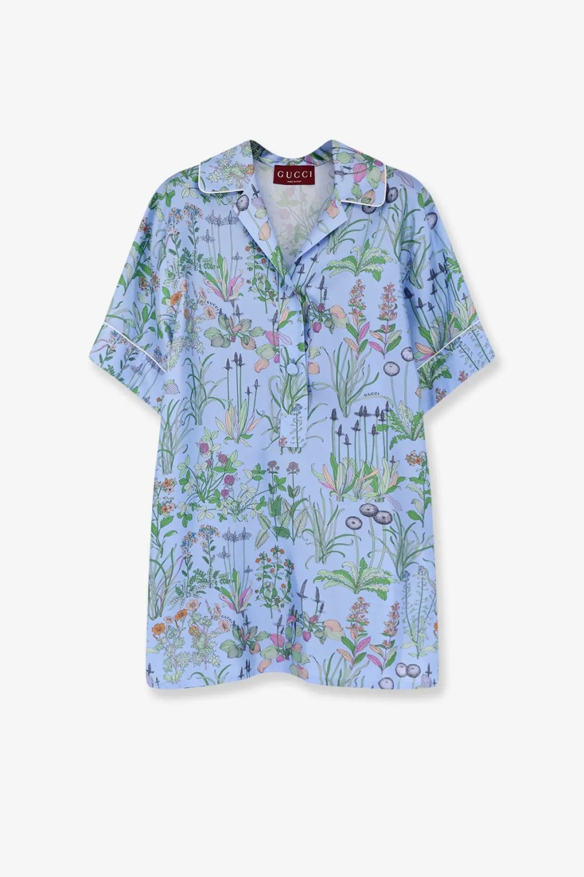 Gucci women’s light blue printed silk shirt with short sleeves and detailed green pink orange botanical print