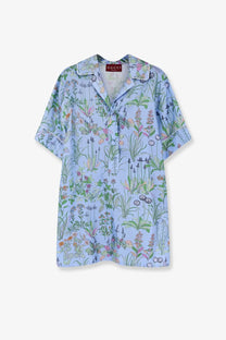 Gucci women’s light blue printed silk shirt with short sleeves and detailed green pink orange botanical print