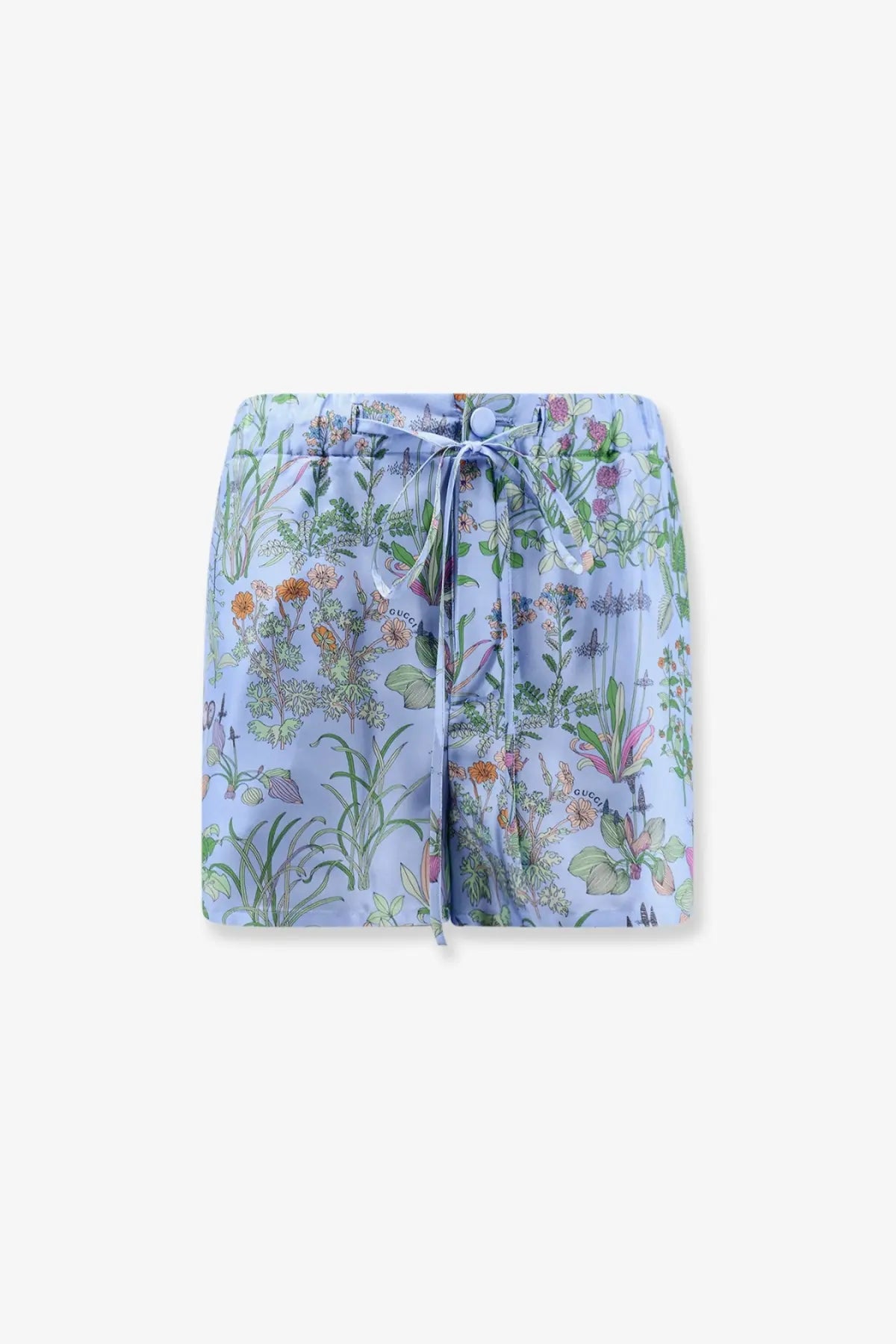 Gucci women’s printed silk shorts in light blue with detailed green orange and pink botanical floral print