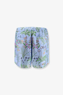 Light blue Gucci women’s printed silk swim trunks with detailed green pink and white botanical floral design