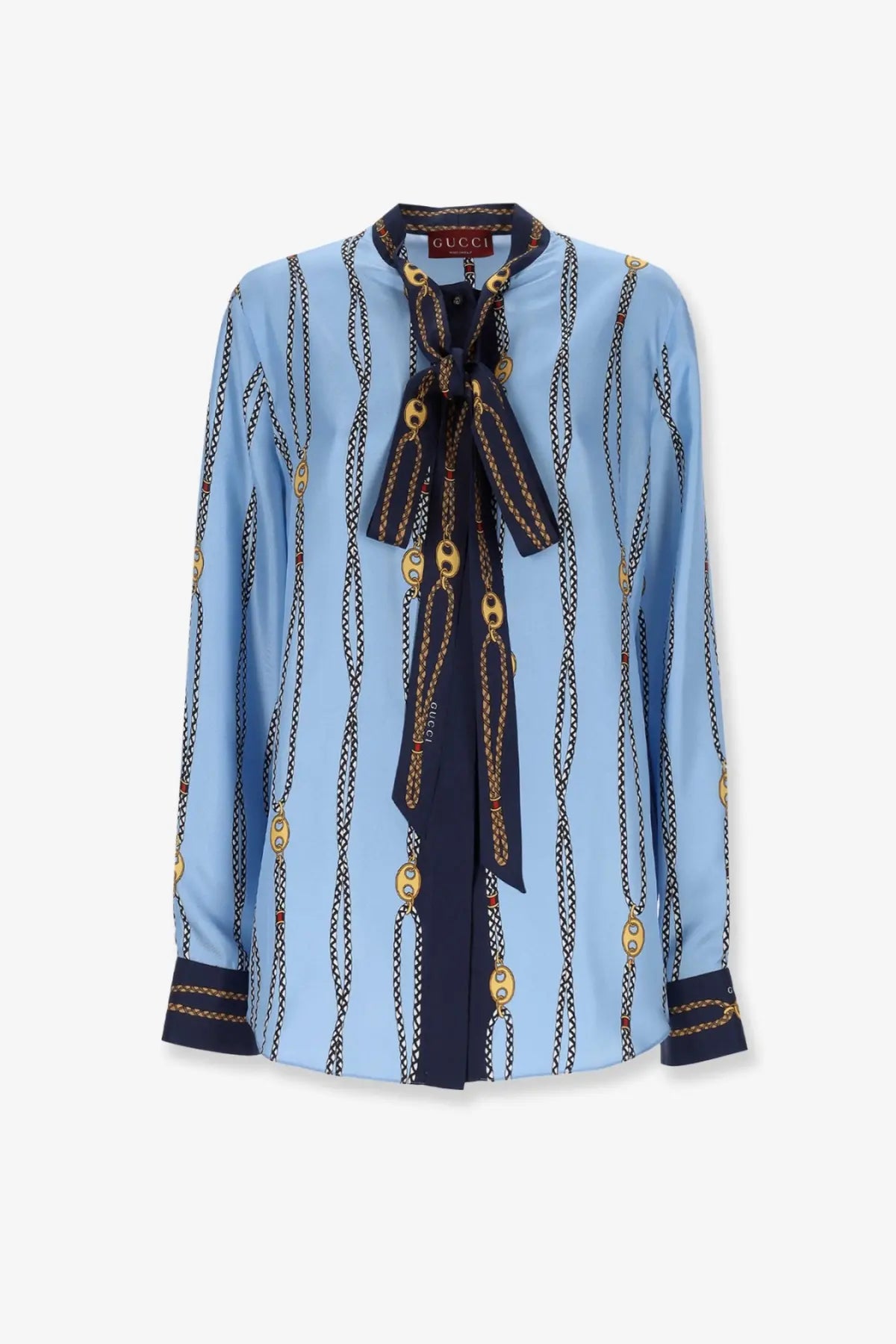 Gucci womens light blue silk twill blouse with bold gold chain print navy cuffs collar and ribbon ties
