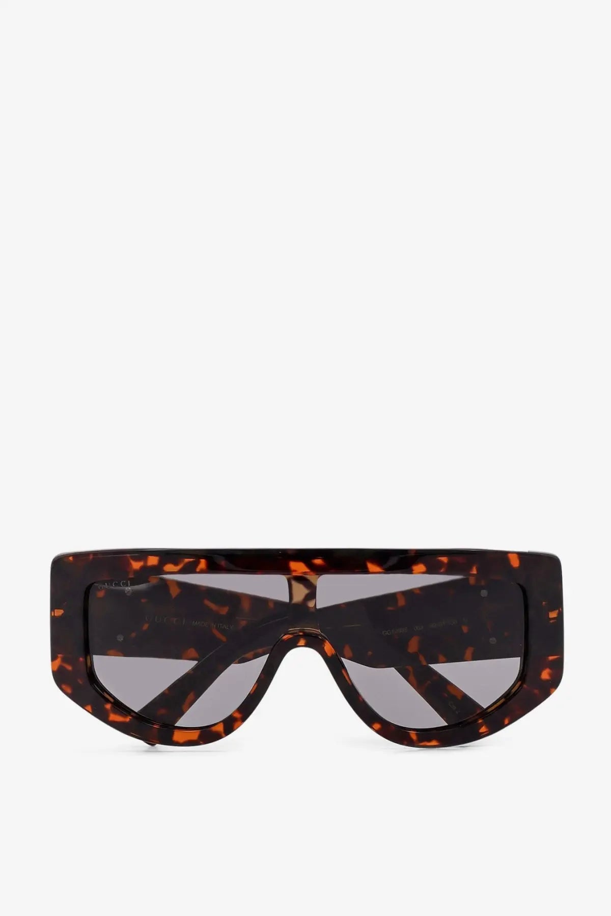 Gucci women’s rectangular acetate sunglasses in tortoiseshell pattern with dark gray lenses and modern design
