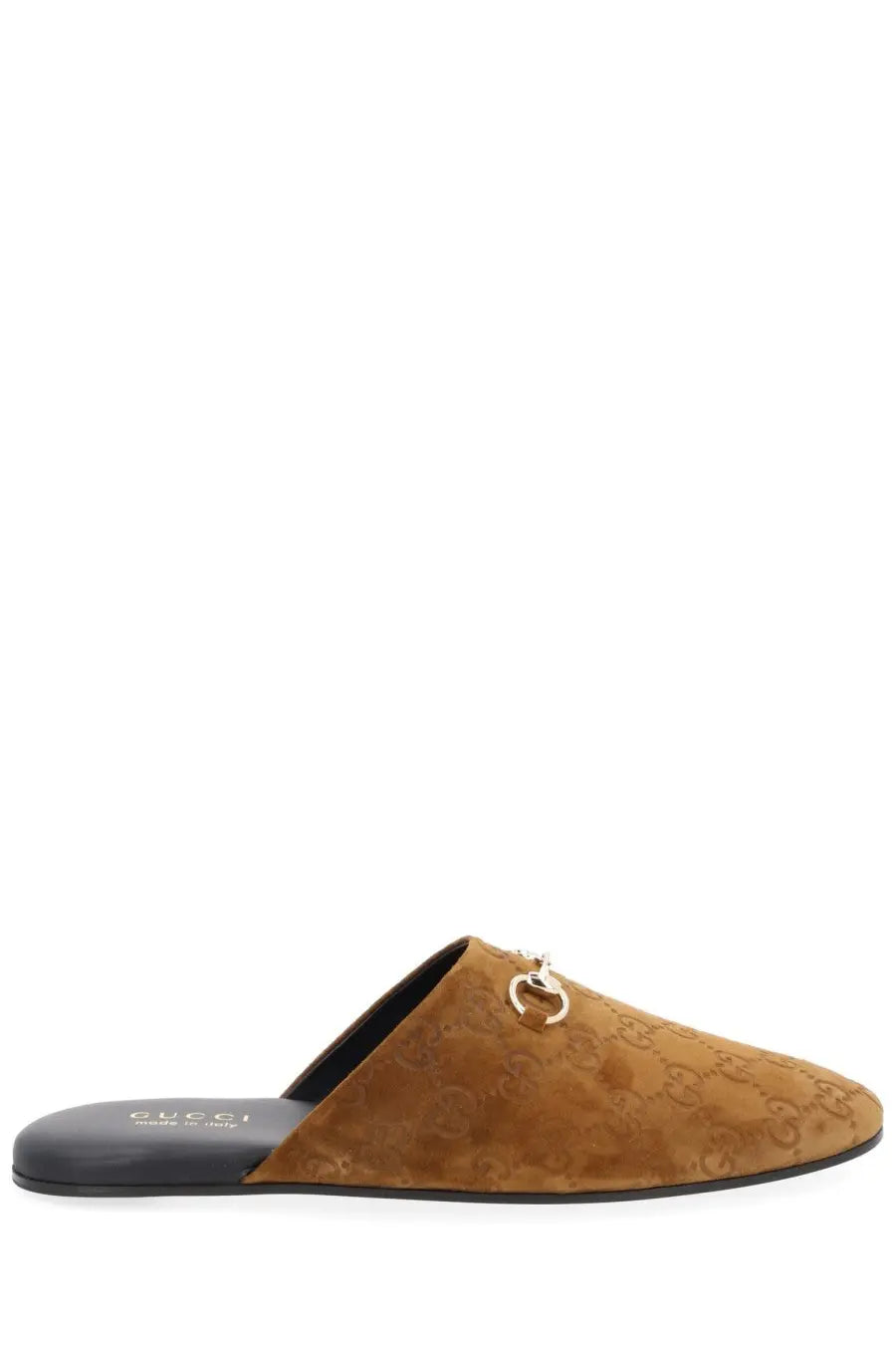 Gucci women’s sabot brown tan suede mule slip-on shoe with gold-tone horsebit buckle and embossed gg monogram pattern