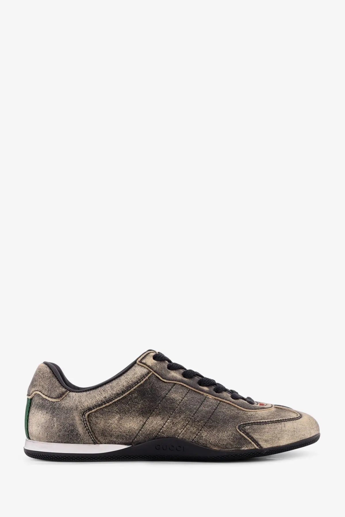 Gucci women’s Gucci Shift Élavé leather sneakers with distressed metallic bronze upper black laces and white midsole