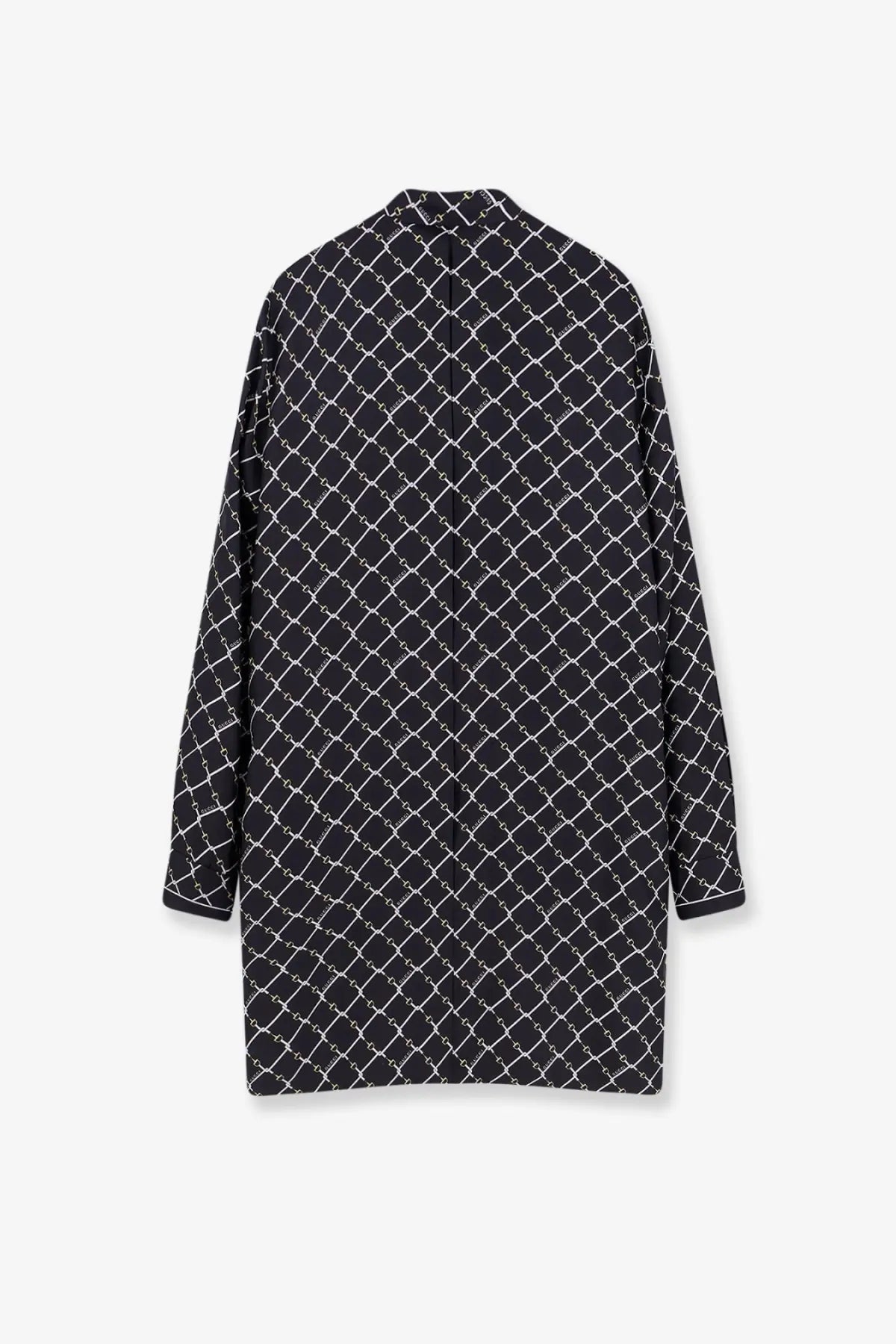 Gucci women’s short silk twill dress black with white chain-link pattern and black coat with same pattern