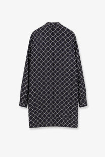 Gucci women’s short silk twill dress black with white chain-link pattern and black coat with same pattern
