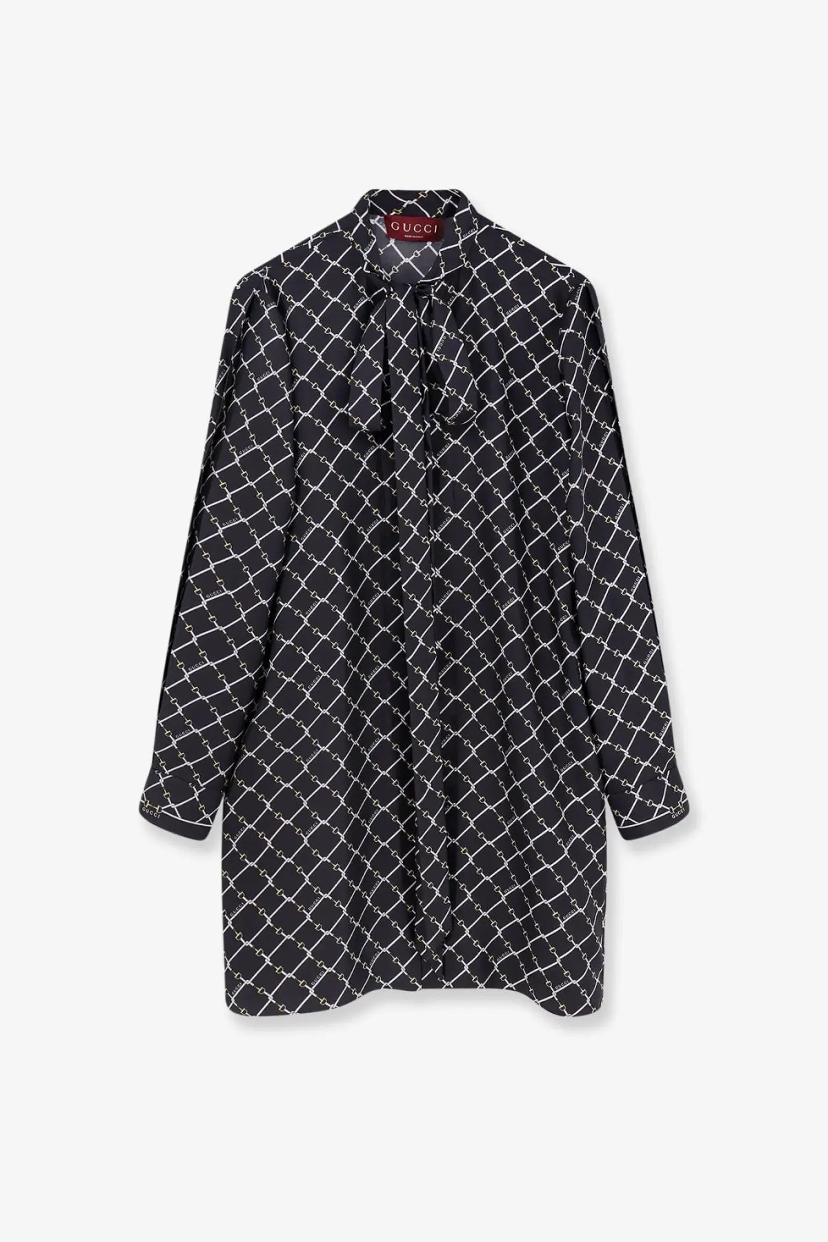 Black Gucci women’s short silk twill shirt dress with long sleeves and a white chain link pattern