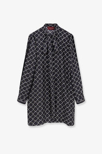 Black Gucci women’s short silk twill shirt dress with long sleeves and a white chain link pattern