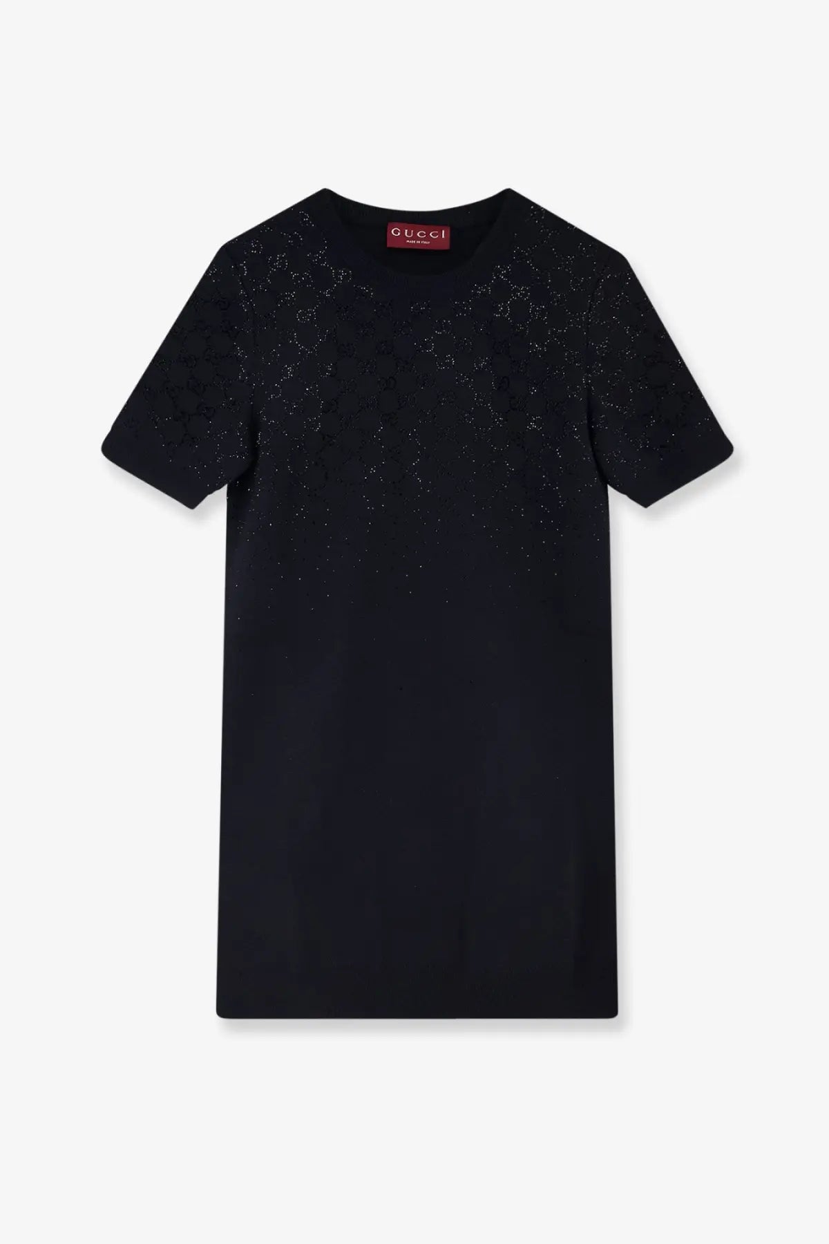 Black gucci women’s short wool dress featuring a subtle glittery pattern across the shoulders and upper chest