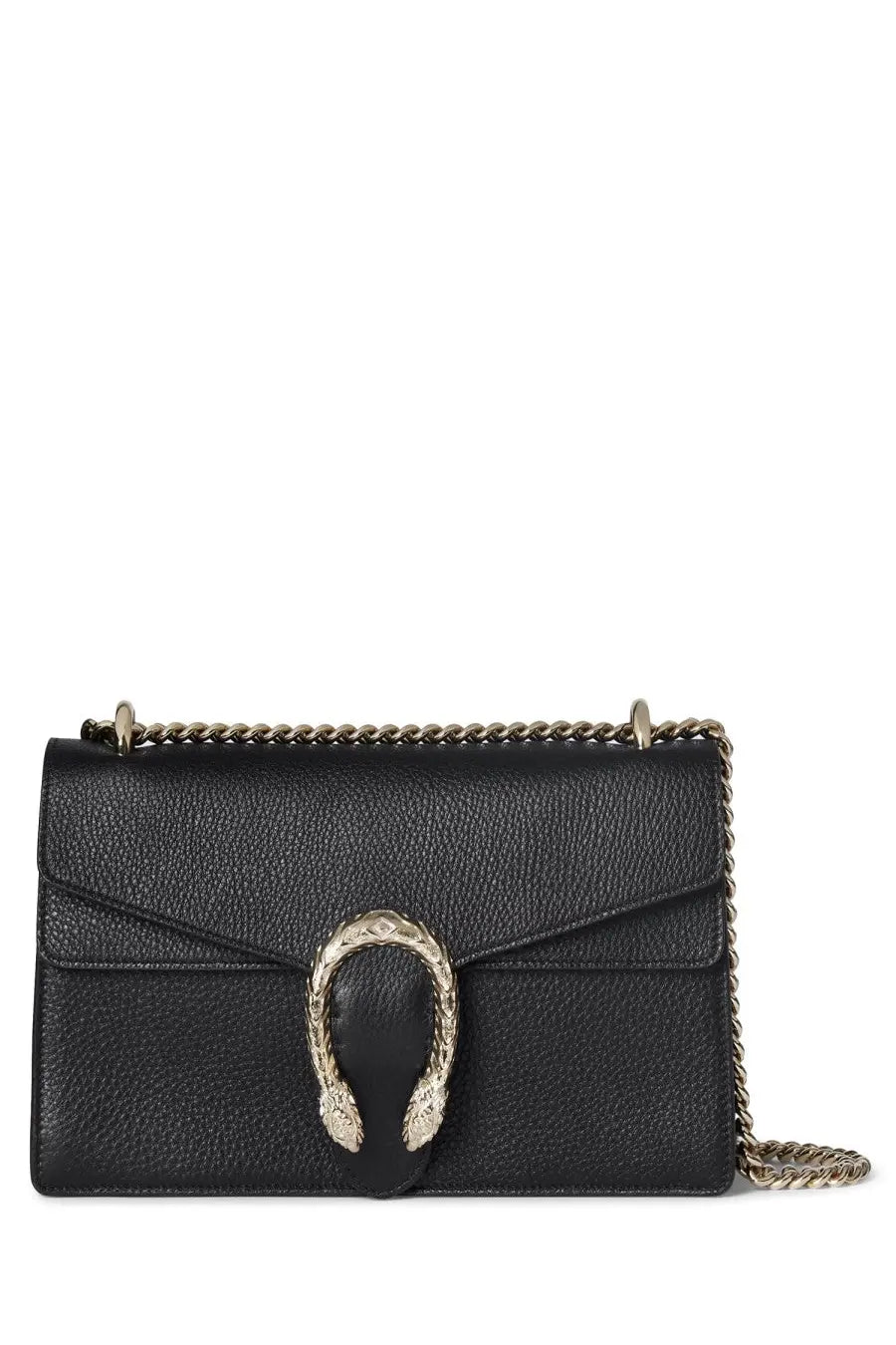 Gucci women’s shoulder bag dionysus medium black textured leather with gold-tone snake clasp and chain strap