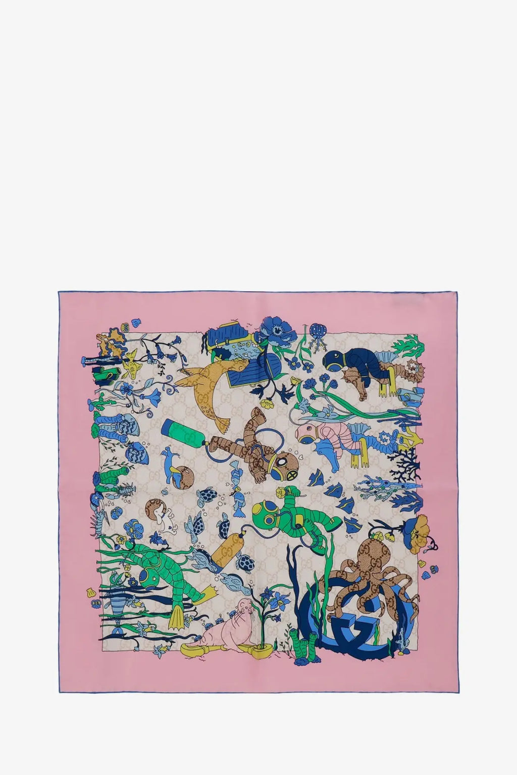 Gucci women’s pink silk foulard featuring a whimsical underwater scene with colorful cartoon animals and plants
