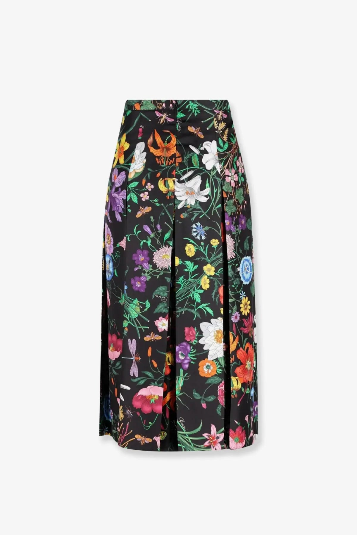 Gucci women’s black silk midi skirt with pleats and vibrant multicolored floral and insect print