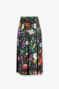 Gucci women’s black silk midi skirt with pleats and vibrant multicolored floral and insect print
