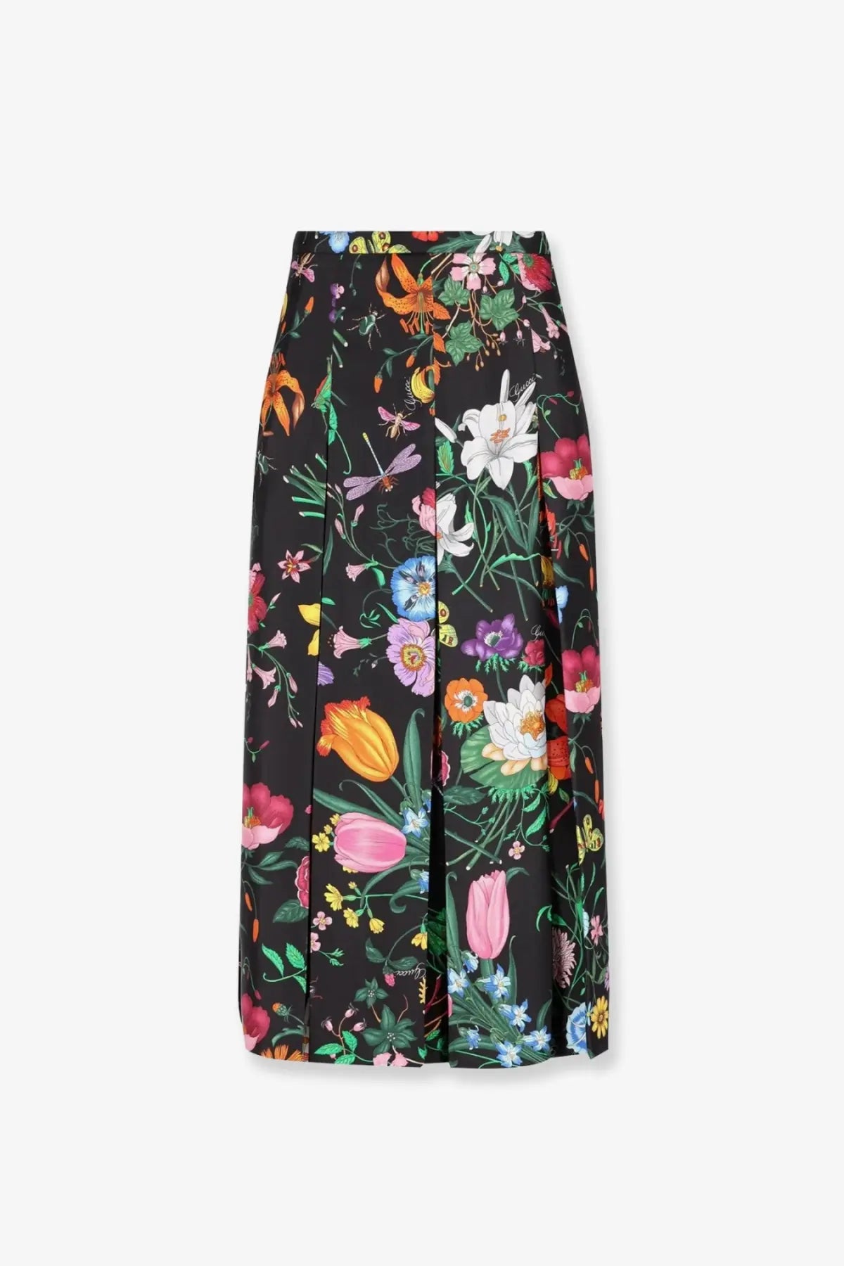 Gucci women’s black silk midi skirt with pleats and vibrant floral and insect print on a dark background