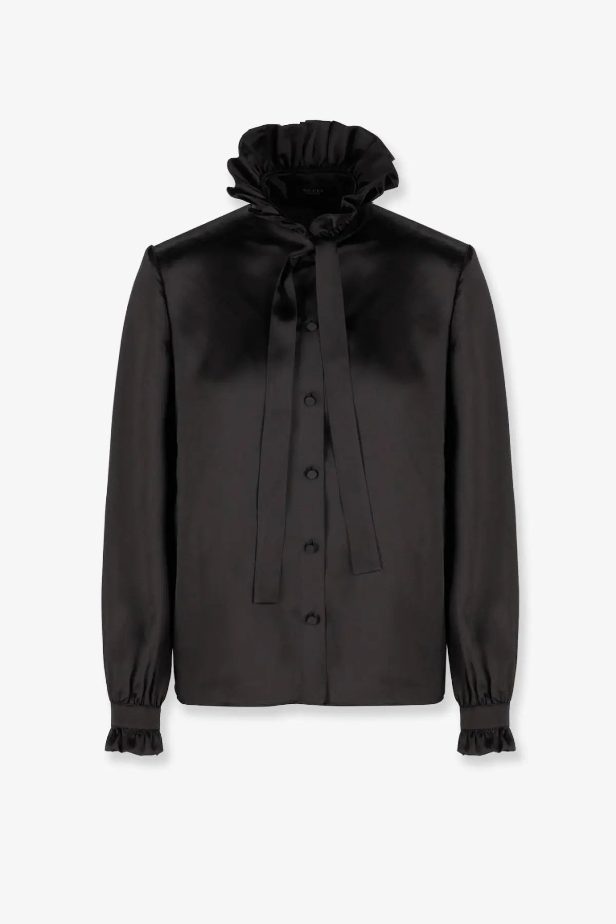 Gucci women silk shirt black featuring black satin with ruffled high collar and matching cuffs