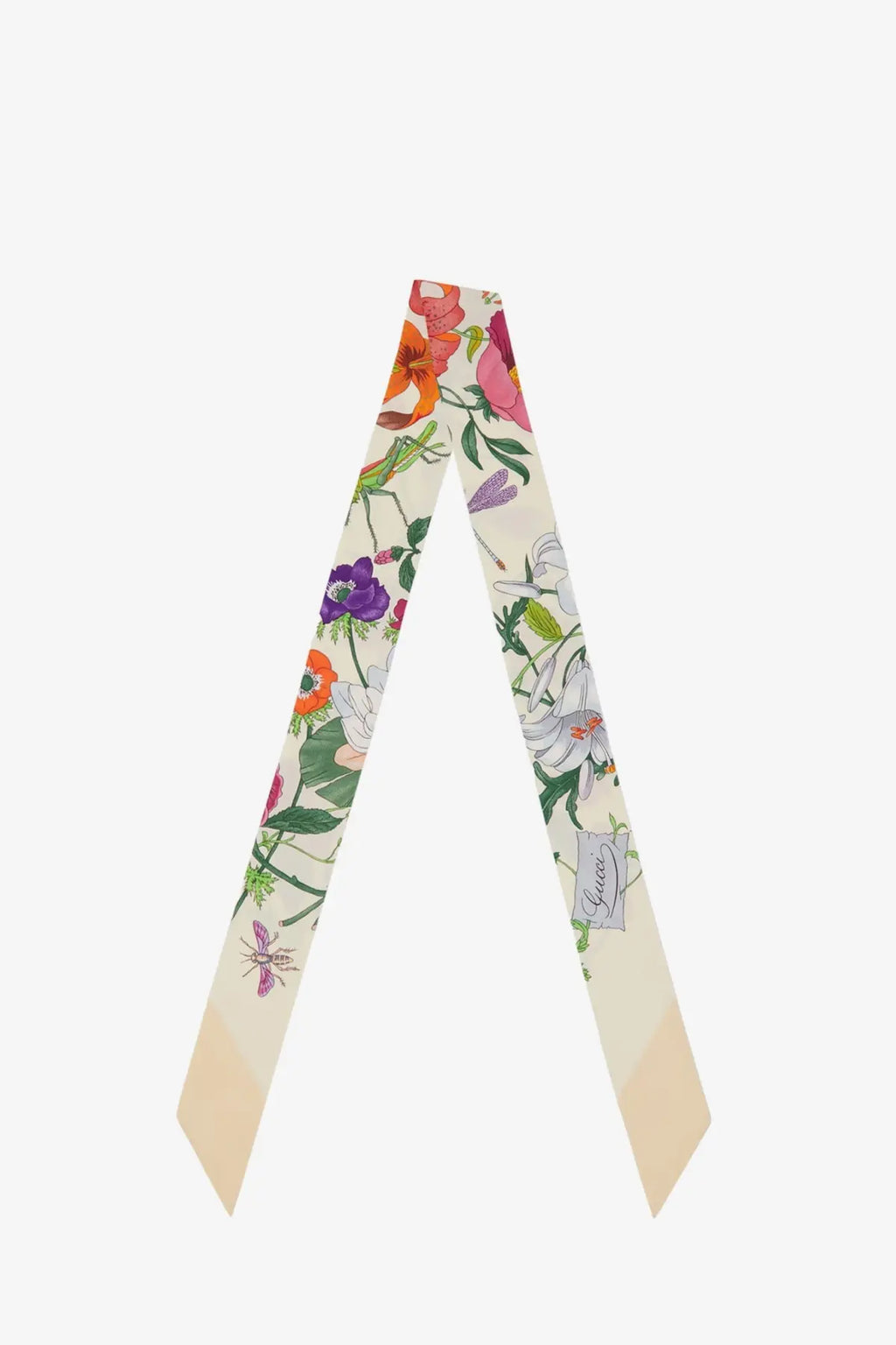 Gucci women’s silk twill bandeau with a cream base and vibrant orange pink purple and white floral blossoms