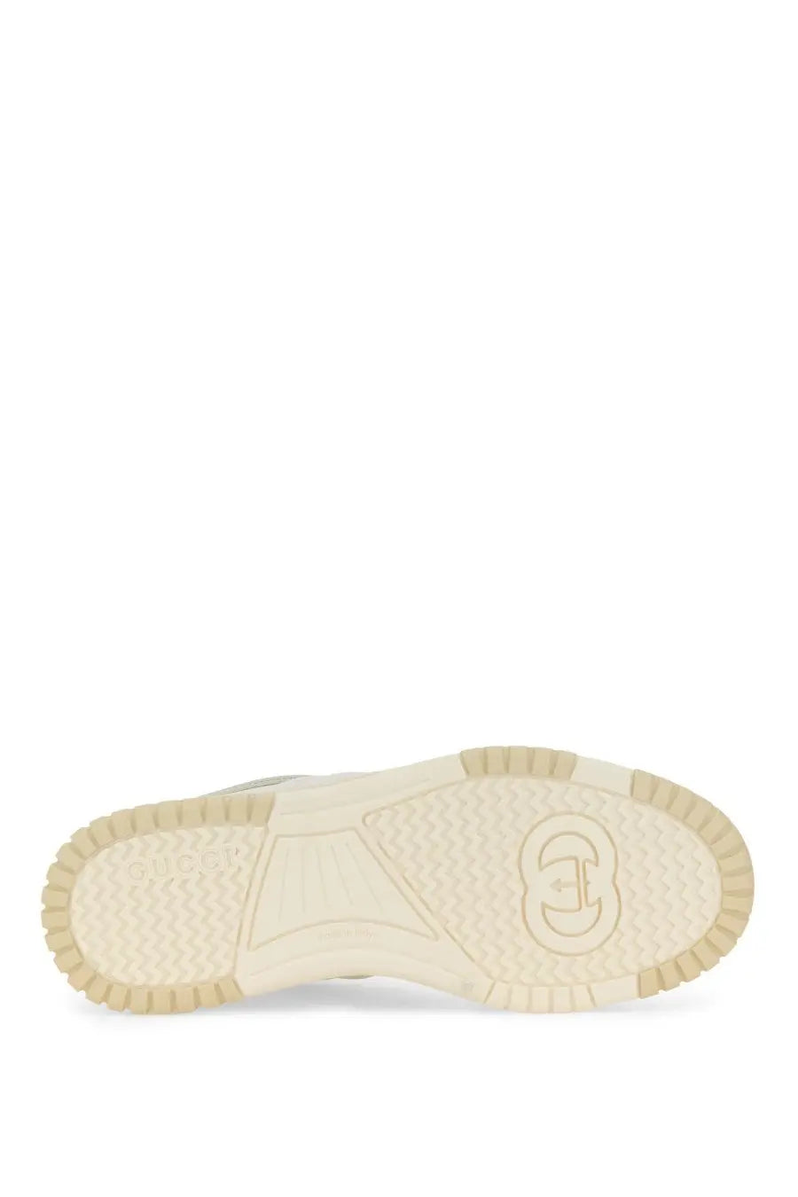 Cream-colored rubber sole with embossed interlocking G logo on Gucci women’s sneaker RE Web white back side view