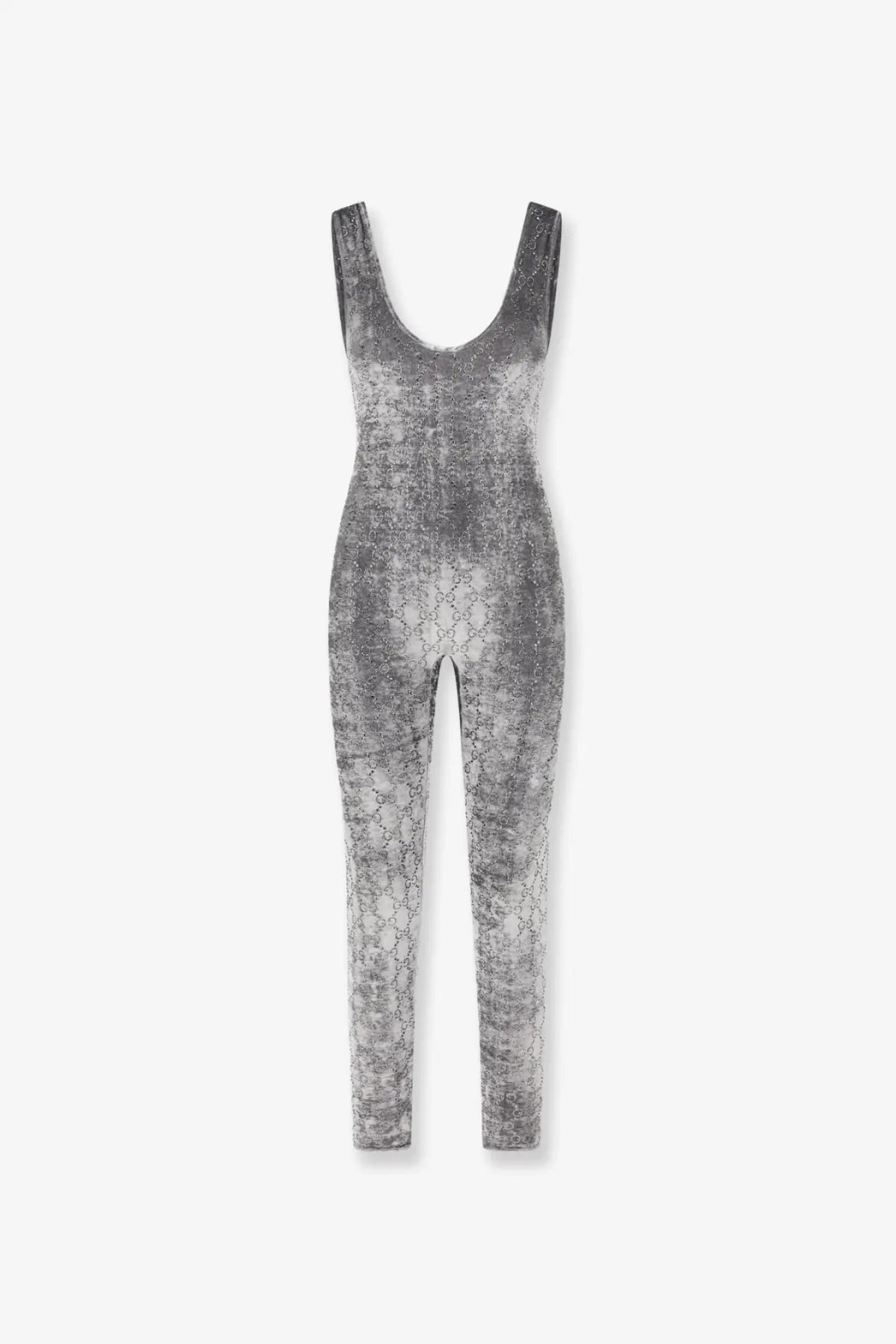 Gucci women’s grey stretch chenille jumpsuit with shimmering textured fabric and signature interlocking GG pattern