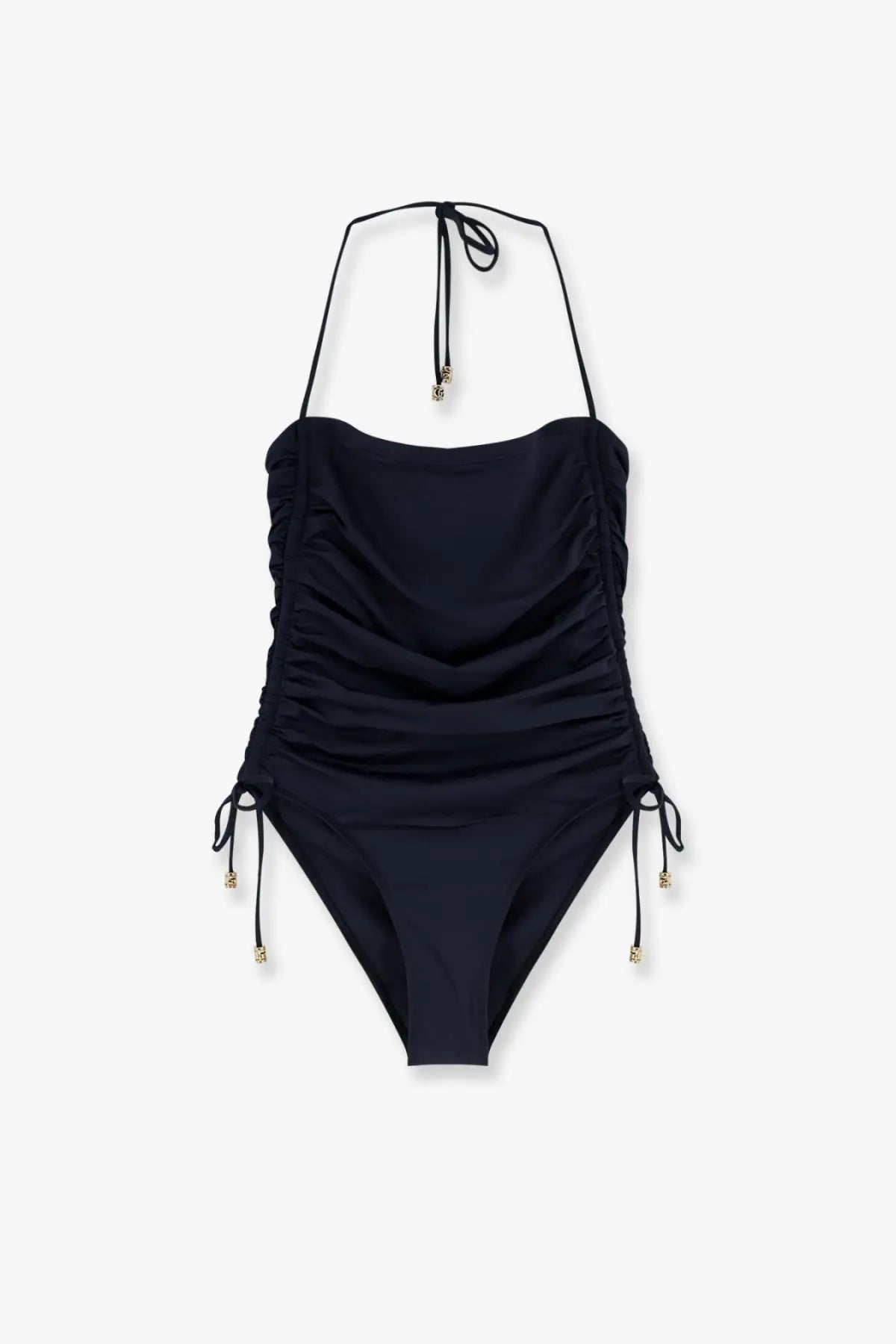 Gucci women’s black stretch jersey one-piece swimsuit with ruched detailing and adjustable ties with gold charms